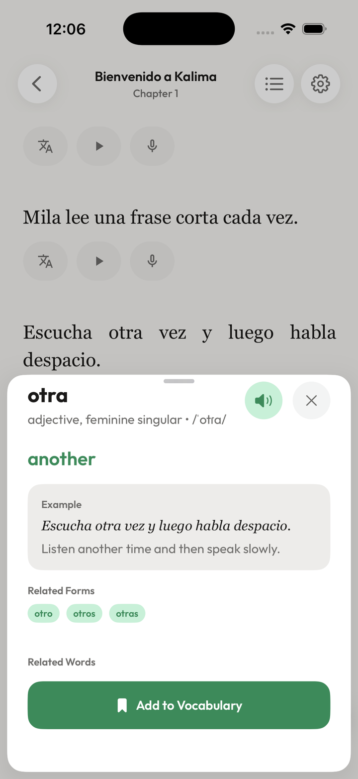 Schermata di lettura Kalima con testo live e progresso