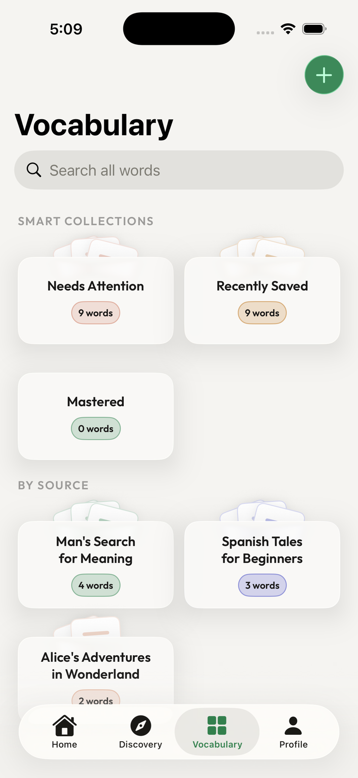 Schermata collezioni vocabolario Kalima con Da rivedere, Salvate di recente e Padroneggiate